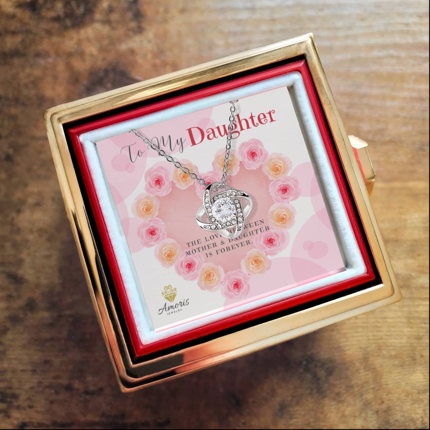 To My Daughter Love Knot Necklace with Eternal Rose Box
