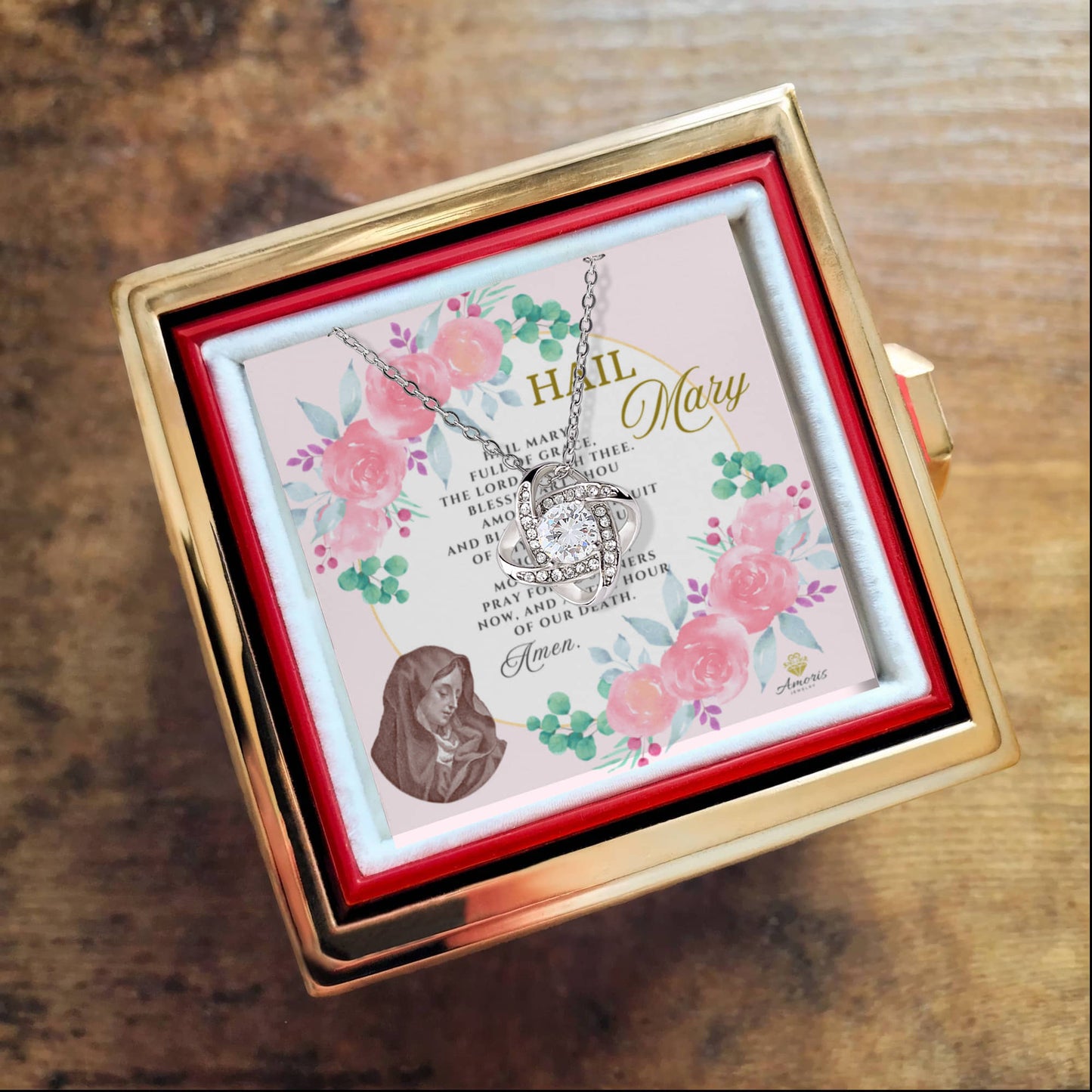 Collar de nudo de amor de Ave María con rosa eterna y tarjeta de oración en inglés