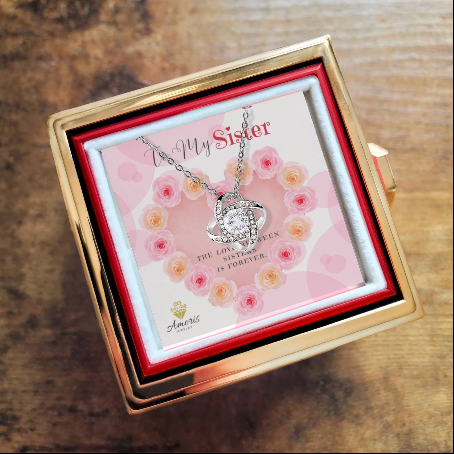 To My Sister Love Knot Necklace with Eternal Rose Box