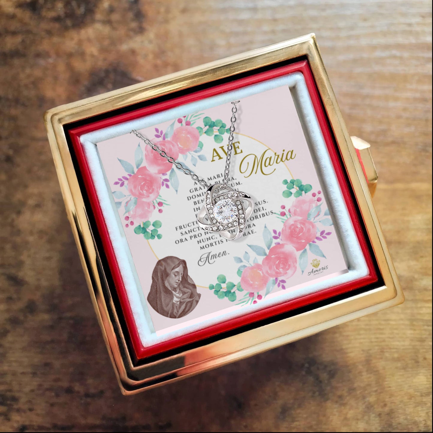 Ave Maria Love Knot Necklace with Eternal Rose and LATIN Prayer Card