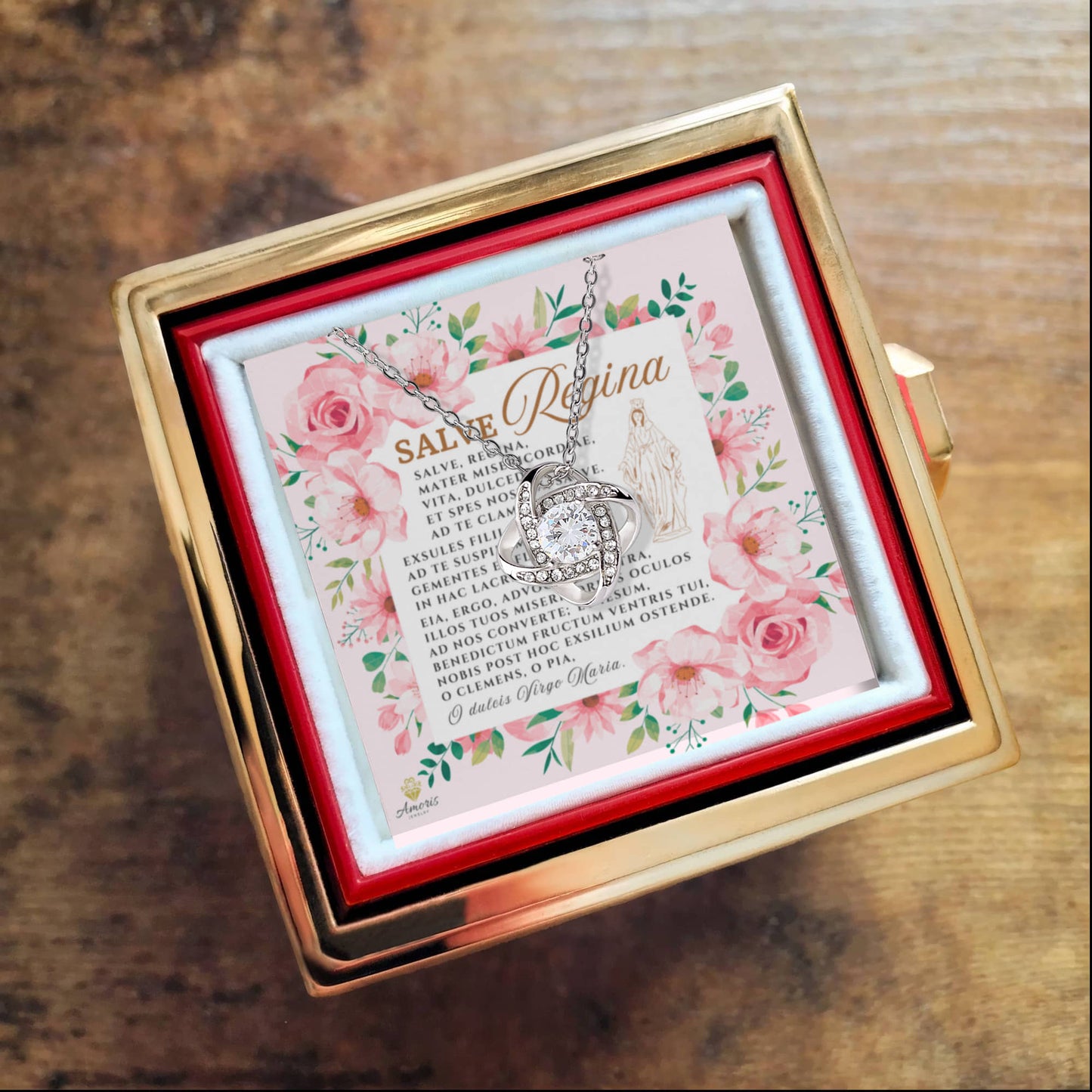 Collar con nudo de amor Salve Regina, rosa eterna y tarjeta de oración latina