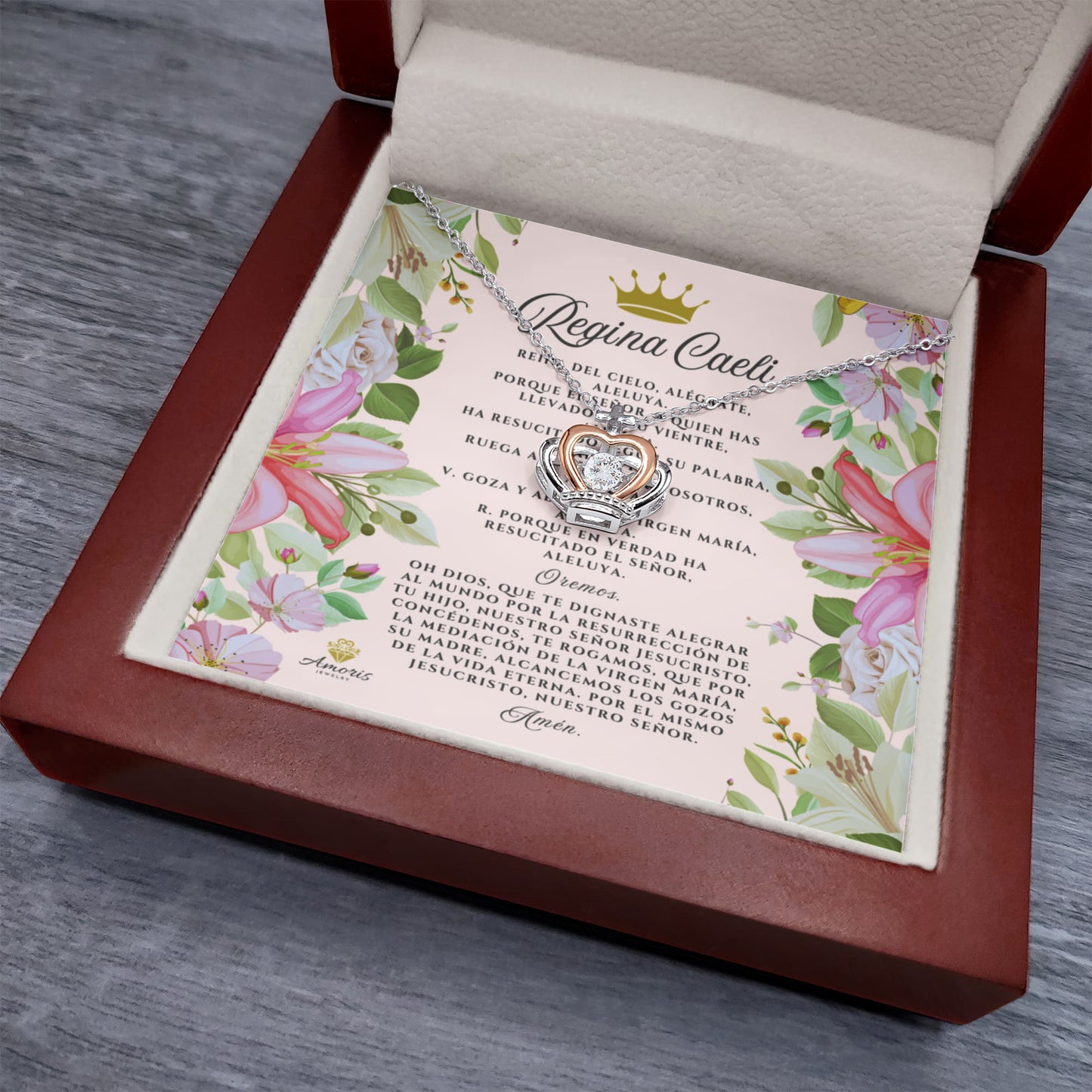 Regina Caeli Crown Pendant Necklace in Sterling Silver with SPANISH Prayer Card