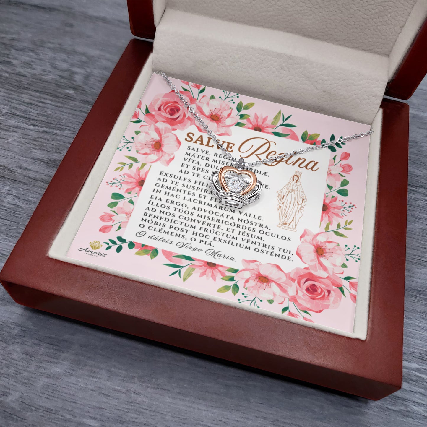 Collar con colgante de corona de Salve Regína en plata de ley con tarjeta de oración latina (con detalles)