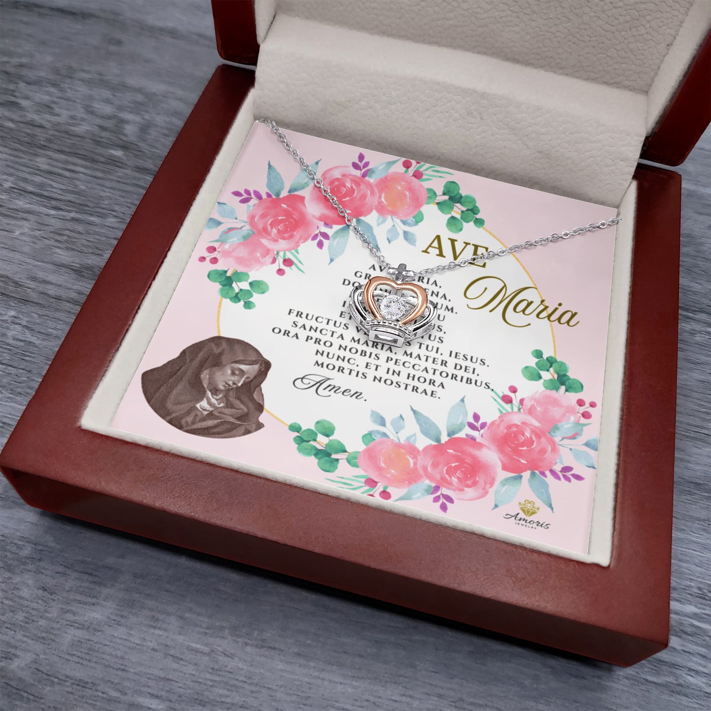 Ave Maria Crown Pendant Necklace in Sterling Silver with LATIN Prayer Card