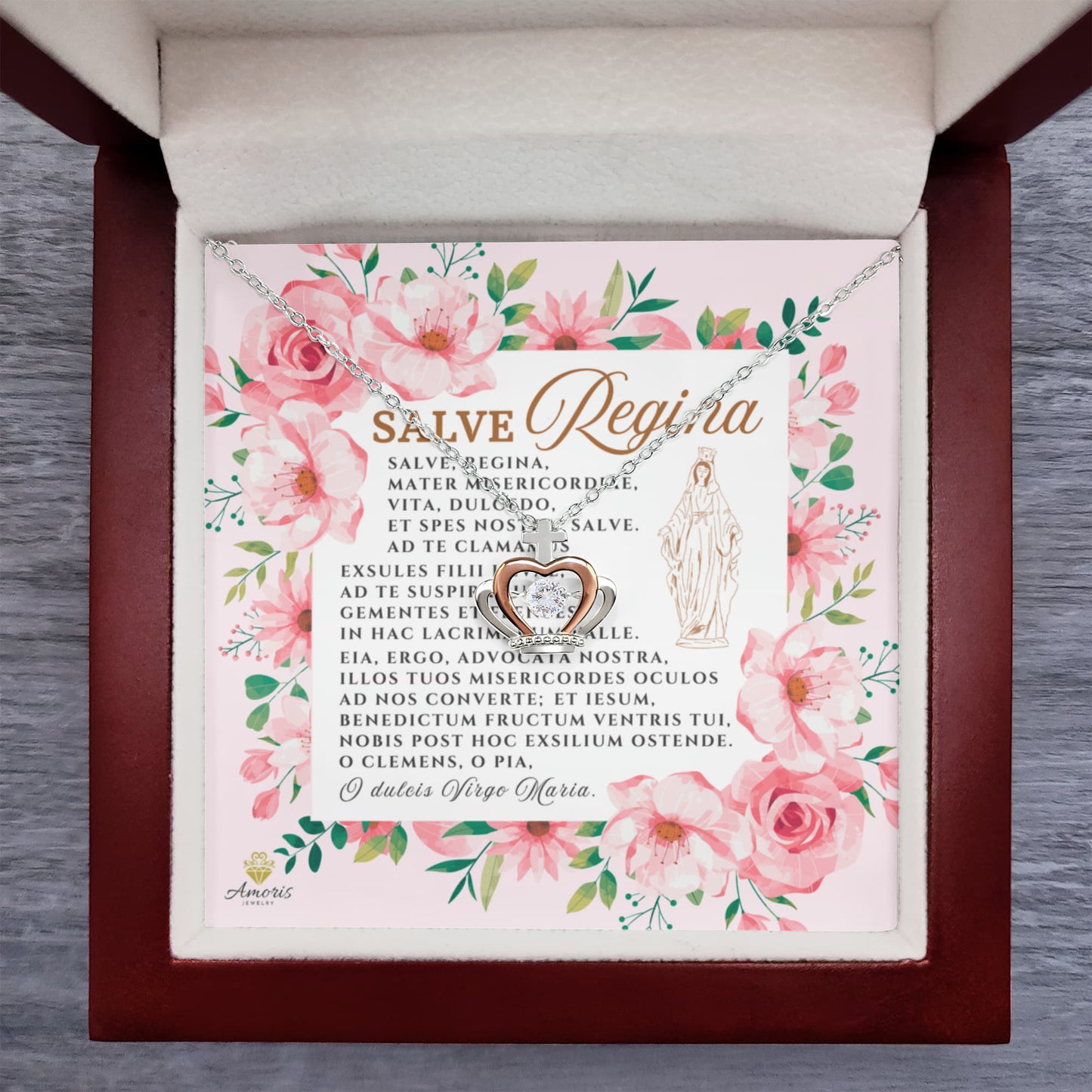 Collar con colgante de corona de Salve Regina en plata de ley con tarjeta de oración latina