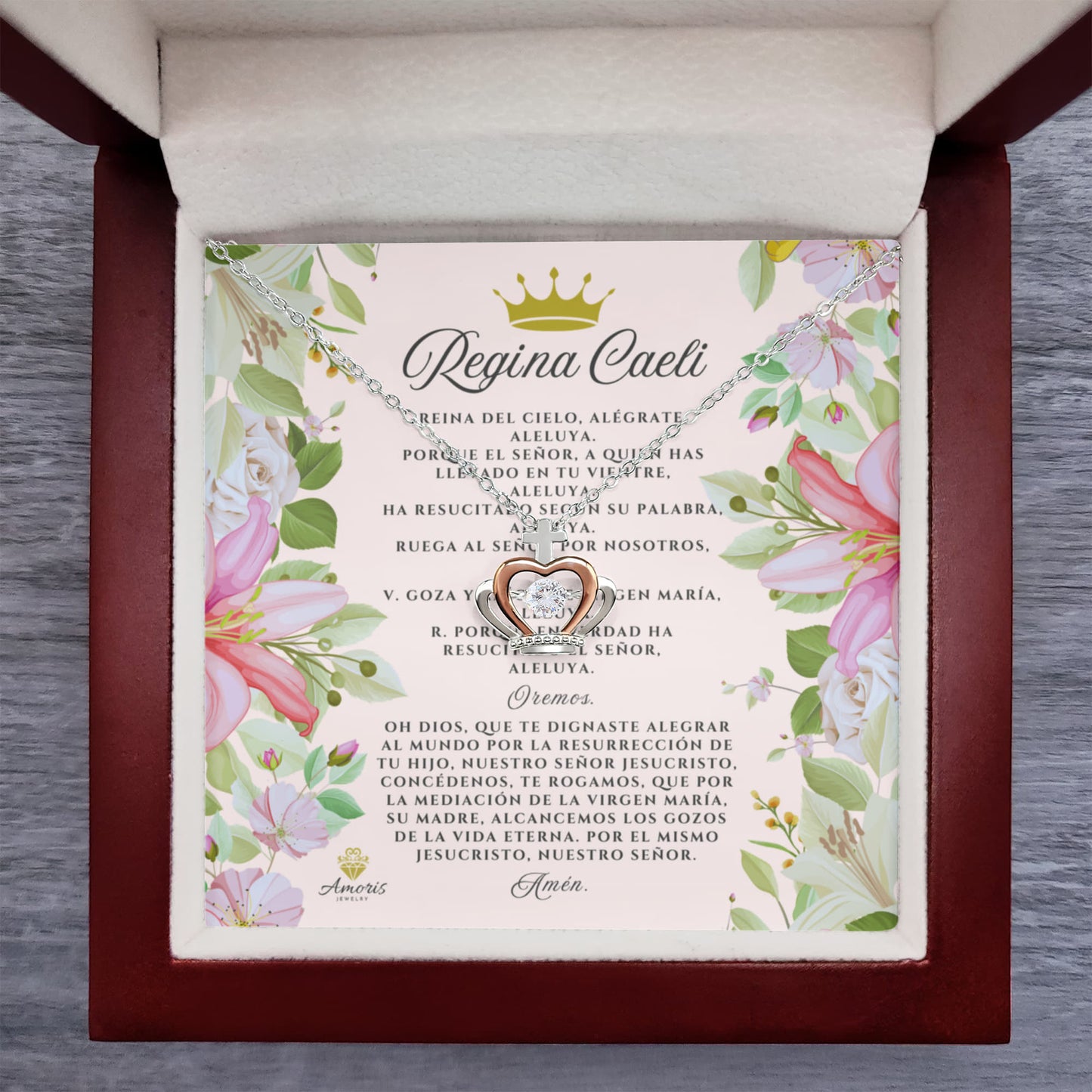 Regina Caeli Crown Pendant Necklace in Sterling Silver with SPANISH Prayer Card