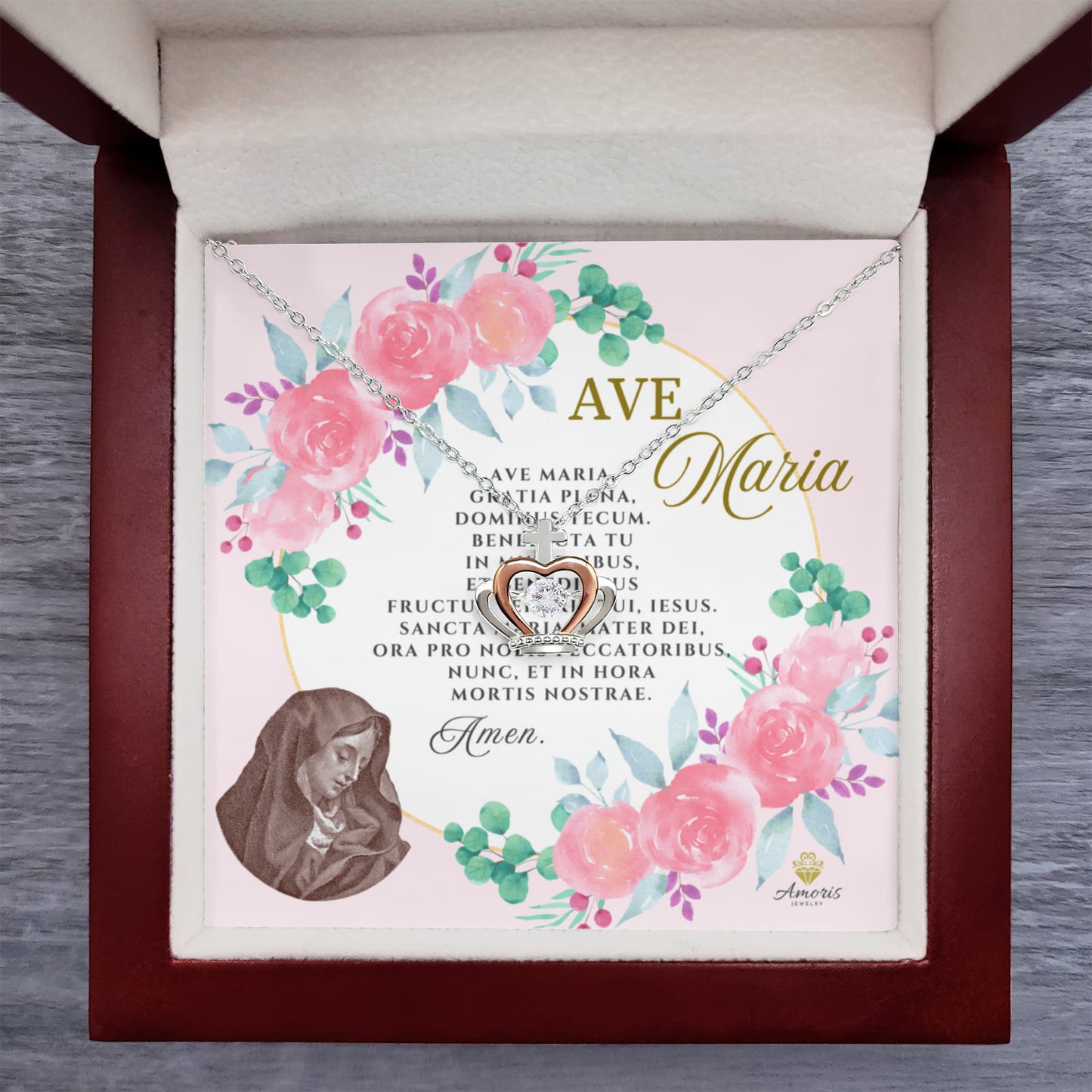 Ave Maria Crown Pendant Necklace in Sterling Silver with LATIN Prayer Card