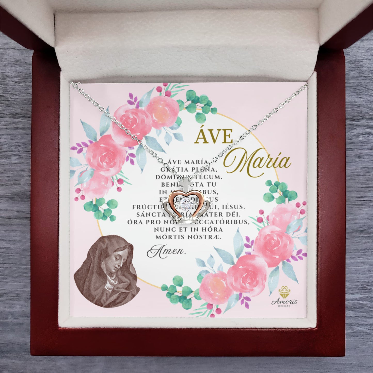 Áve María Crown Pendant Necklace in Sterling Silver with LATIN Prayer Card (with accents)