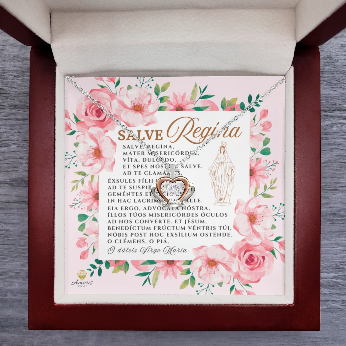 Collar con colgante de corona de Salve Regína en plata de ley con tarjeta de oración latina (con detalles)