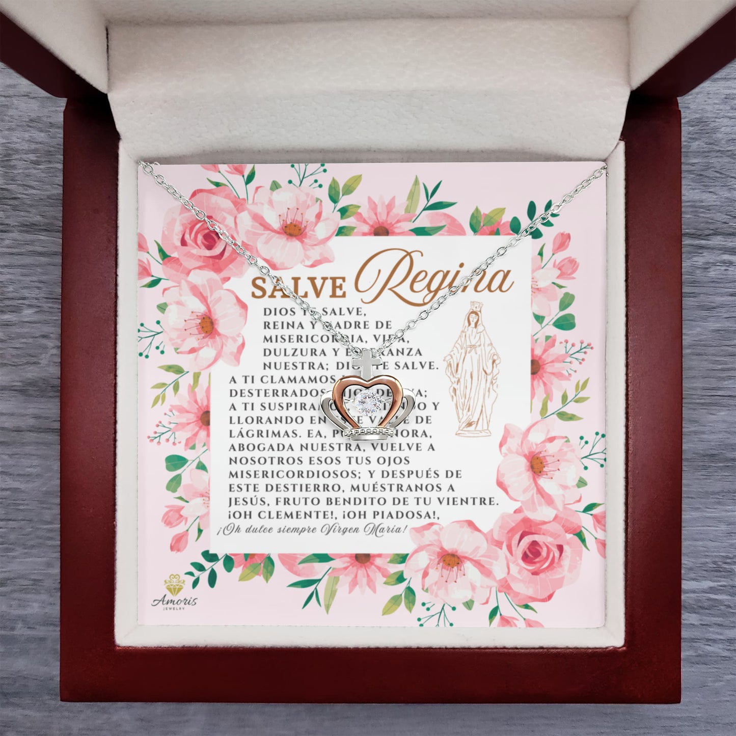 Collar con colgante de corona de Salve Regina en plata de ley con tarjeta de oración en español