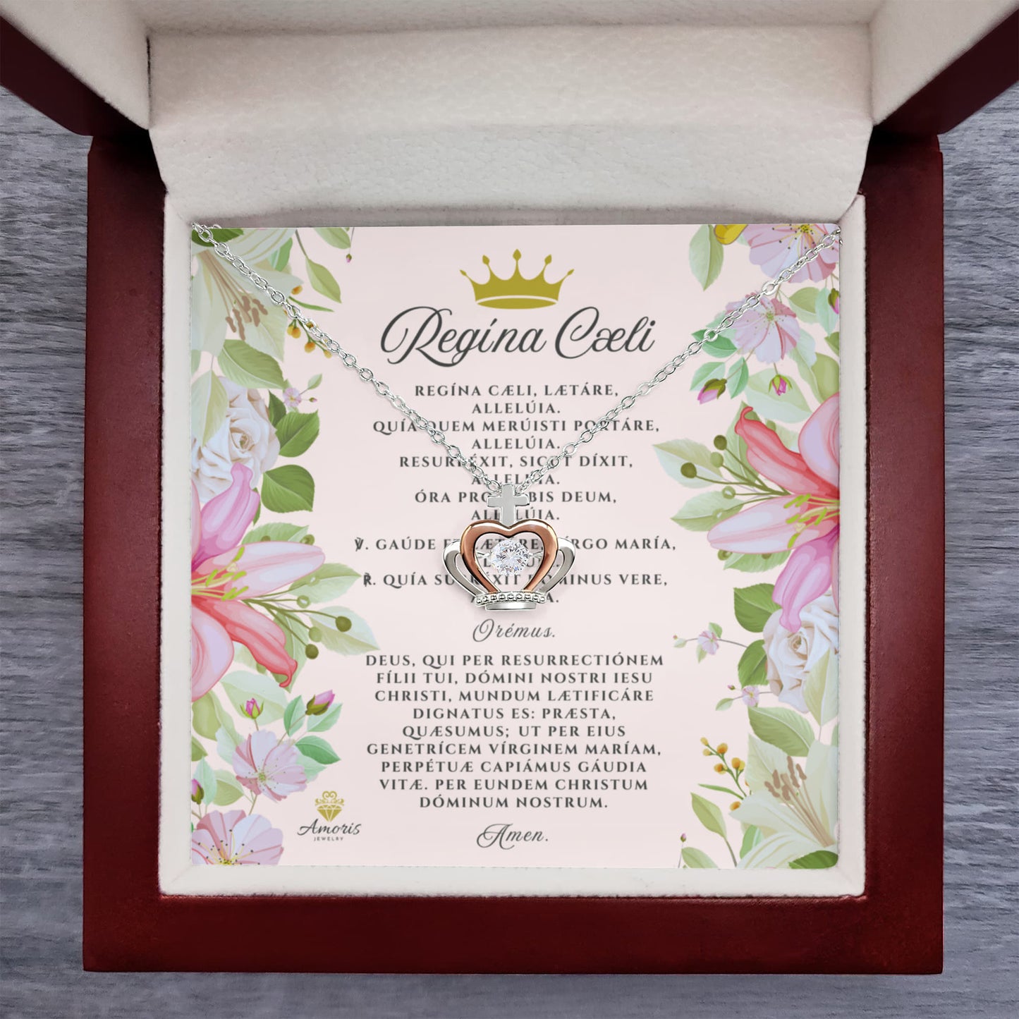 Collar con colgante de corona de Regína Cæli en plata de ley con tarjeta de oración latina (con detalles)
