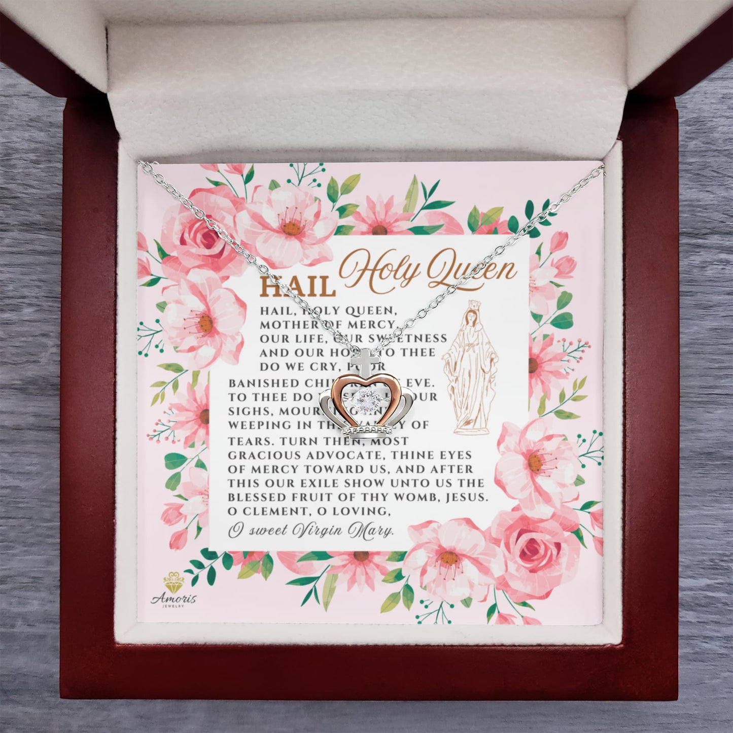 Collier avec pendentif couronne « Hail Holy Queen » en argent sterling et carte de prière en anglais