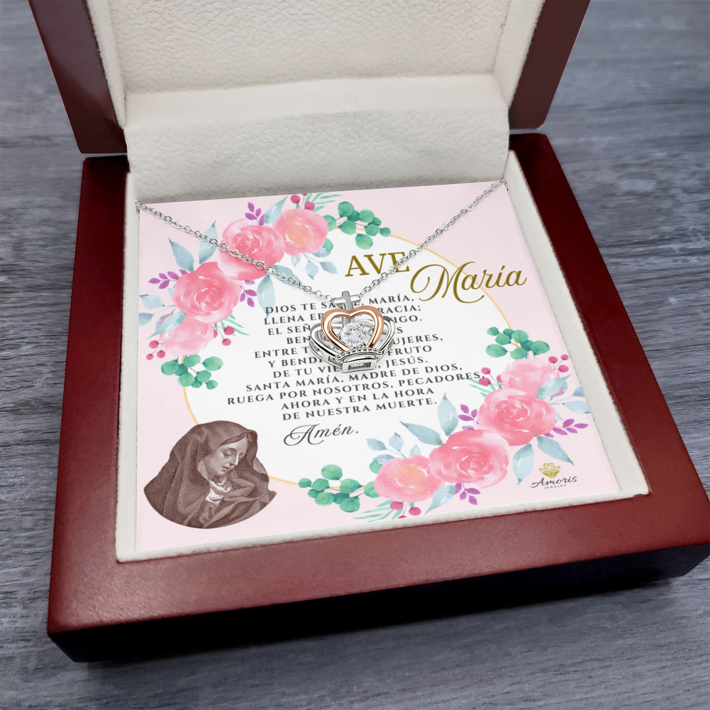 Ave María Crown Pendant Necklace in Sterling Silver with SPANISH Prayer Card