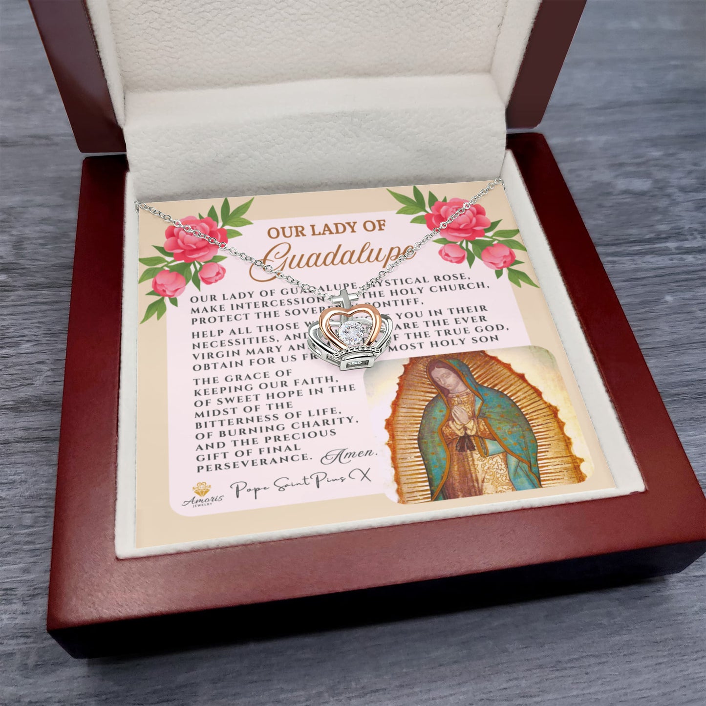 Our Lady of Guadalupe Crown Necklace with Pope Saint Pius X Prayer