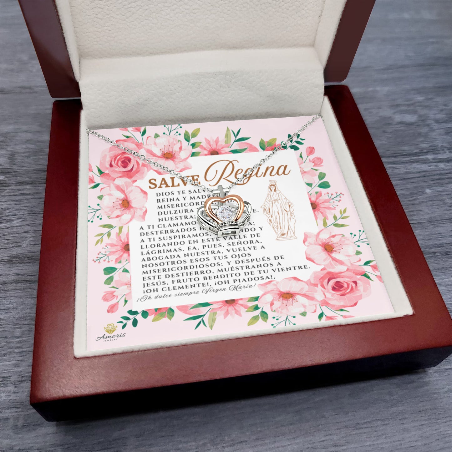 Collar con colgante de corona de Salve Regina en plata de ley con tarjeta de oración en español