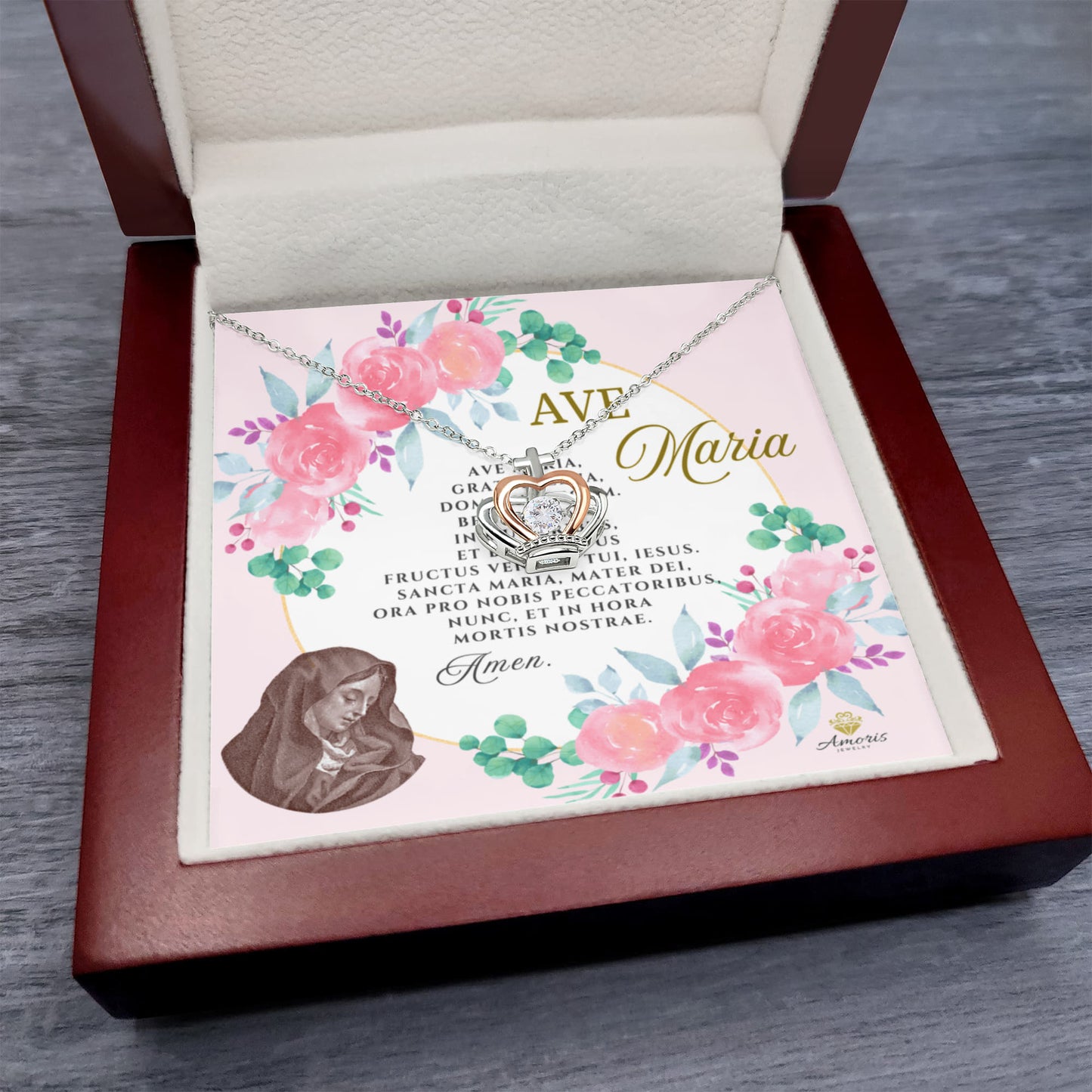 Ave Maria Crown Pendant Necklace in Sterling Silver with LATIN Prayer Card