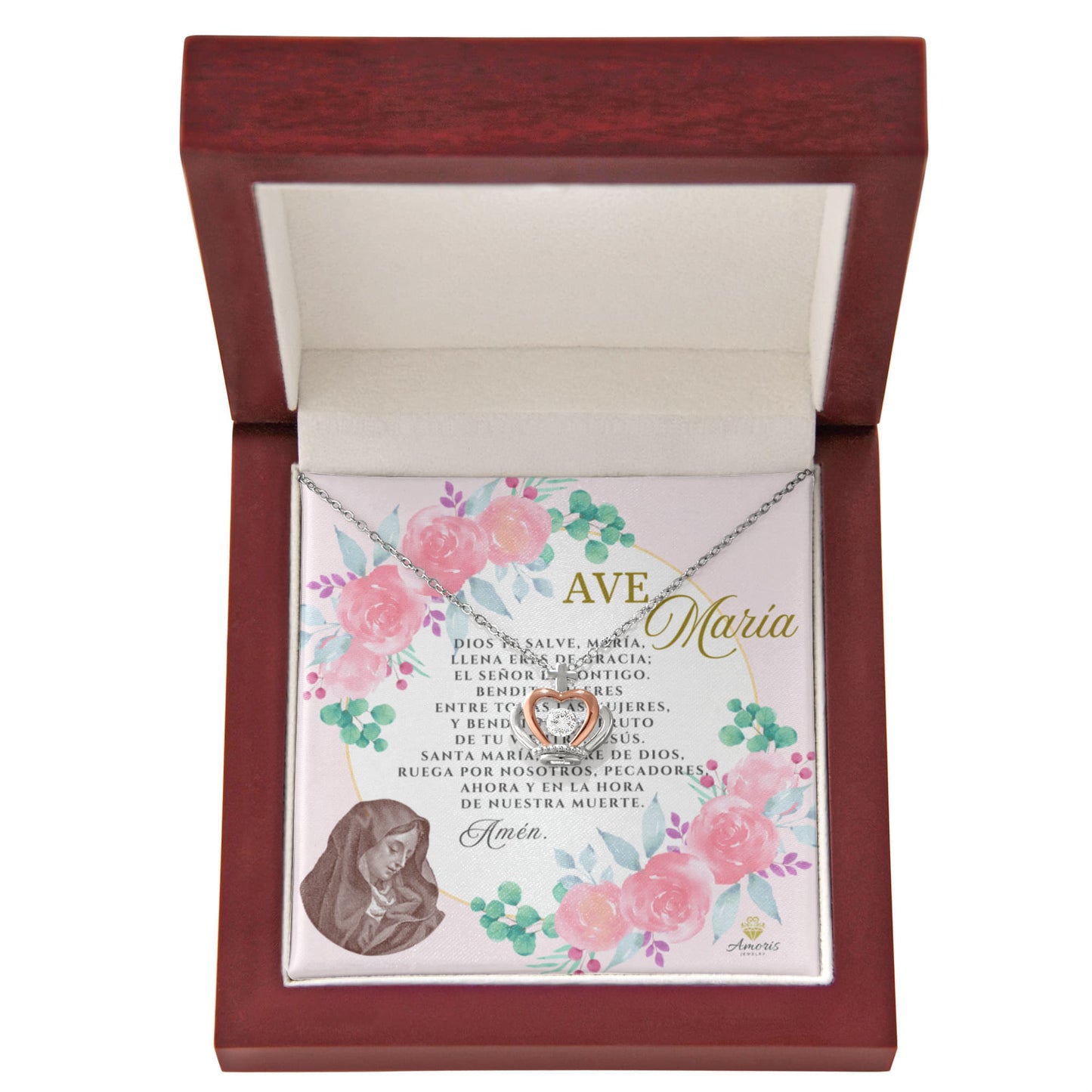 Ave María Crown Pendant Necklace in Sterling Silver with SPANISH Prayer Card