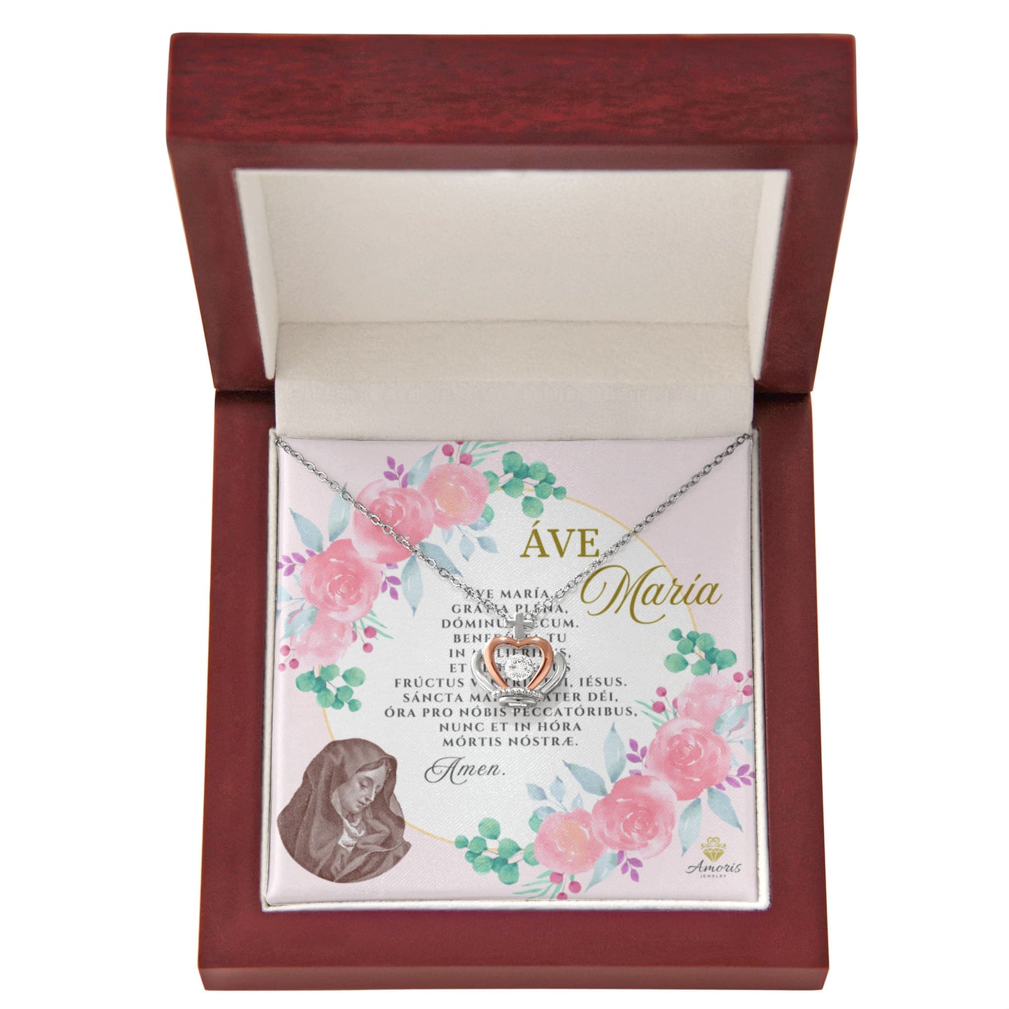 Áve María Crown Pendant Necklace in Sterling Silver with LATIN Prayer Card (with accents)