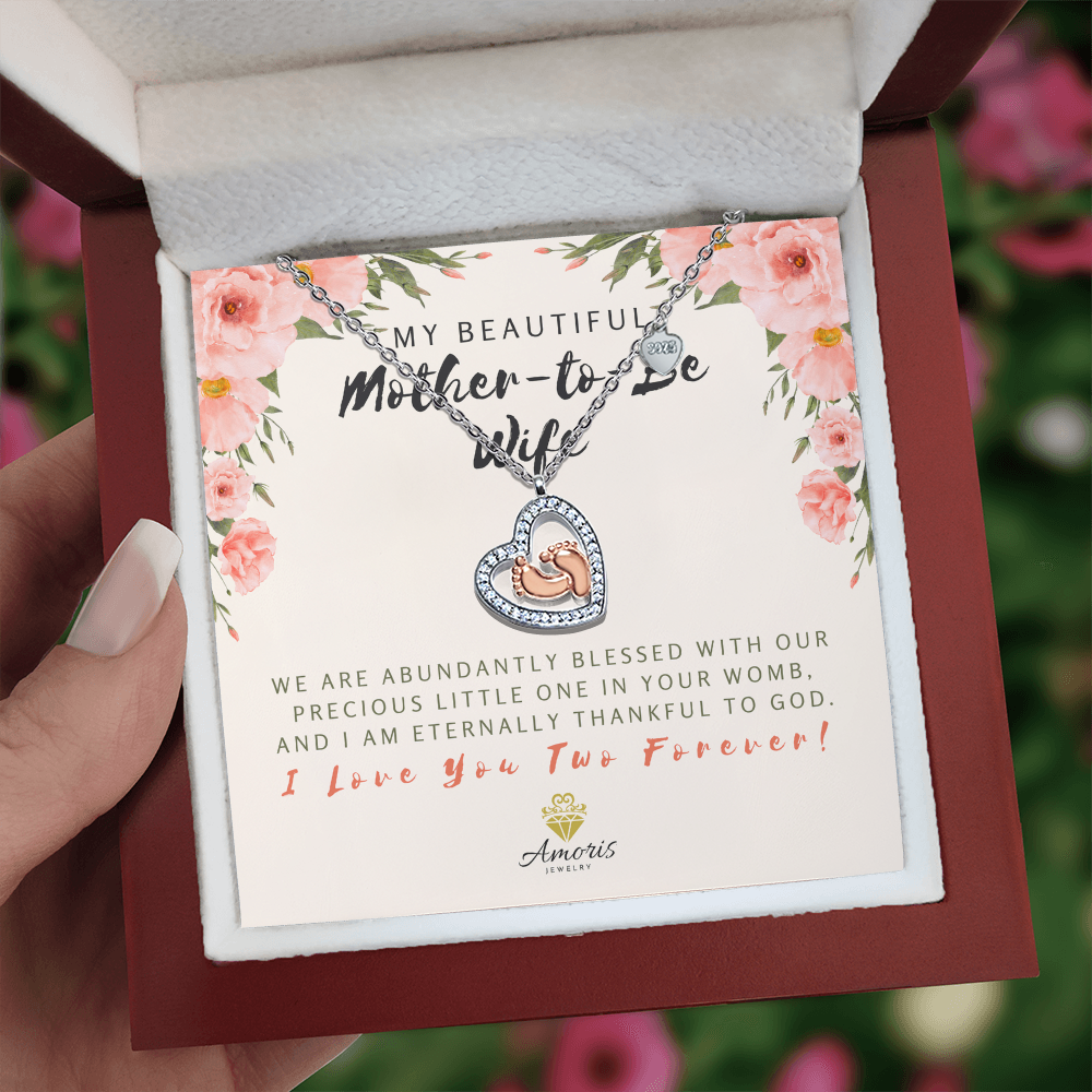 My Beautiful Mother-to-Be Wife Baby Feet Heart Necklace with Message Card