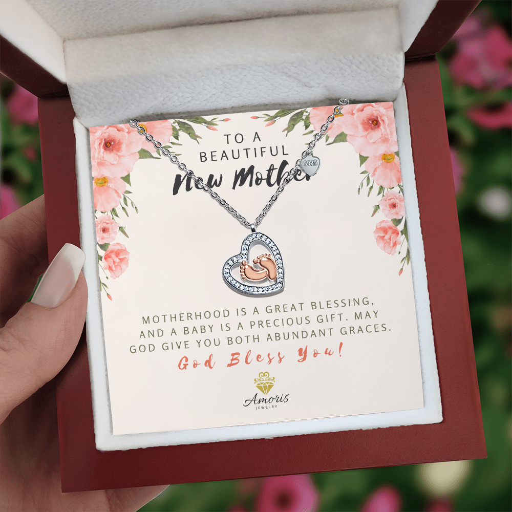 To a Beautiful New Mother Baby Feet Heart Necklace with Message Card