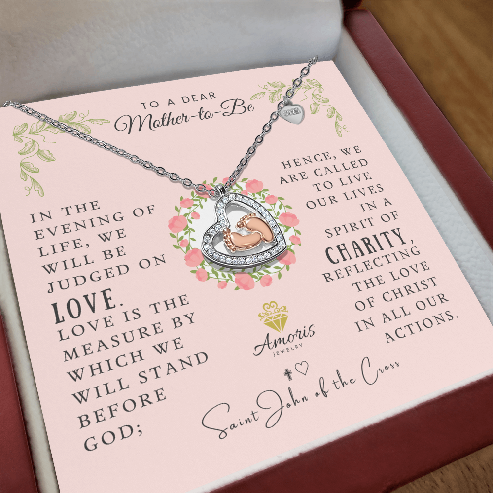 To a Dear Mother-to-Be Baby Feet Heart Necklace with Saint John of the Cross Quote