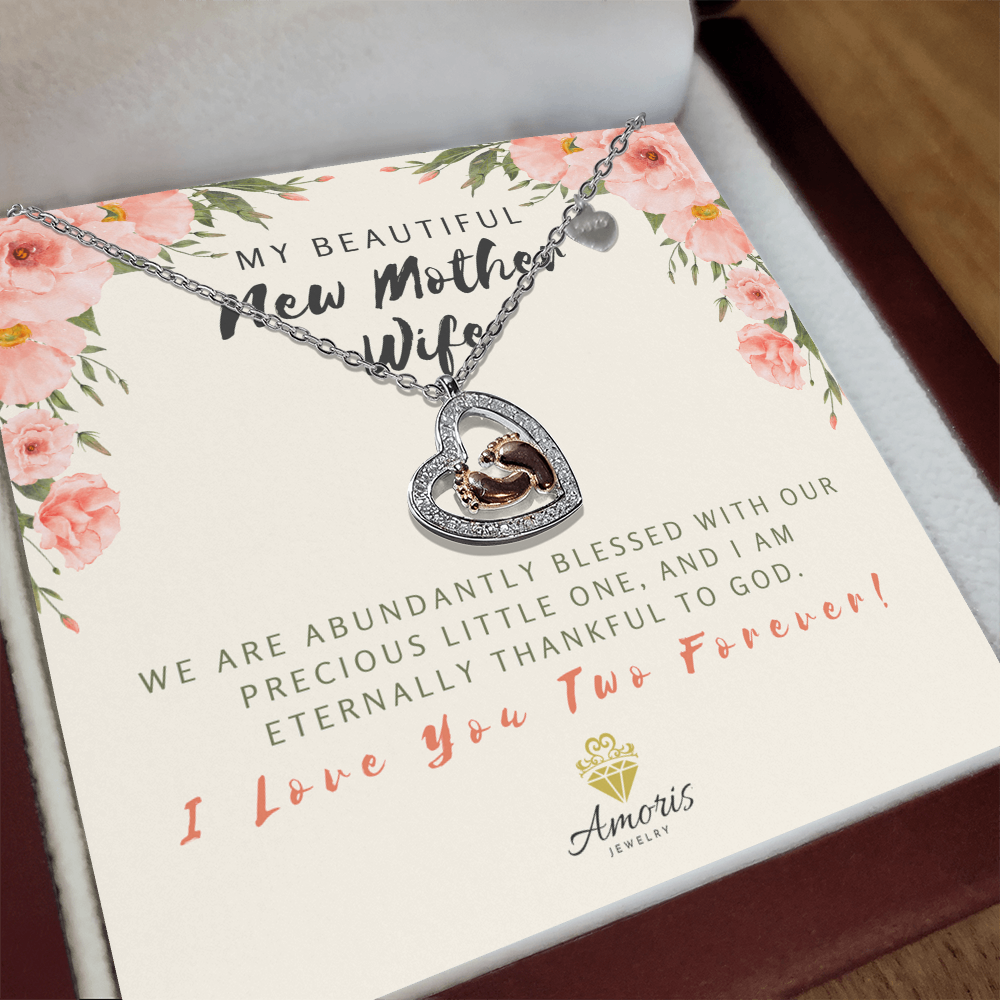 My Beautiful New Mother Wife Baby Feet Heart Necklace with Message Card