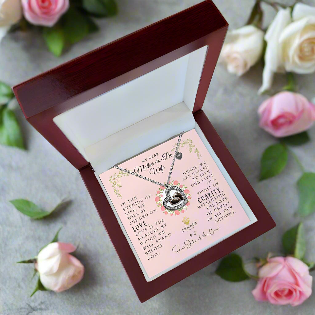 My Dear Mother-to-Be Wife Baby Feet Heart Necklace with Saint John of the Cross Quote