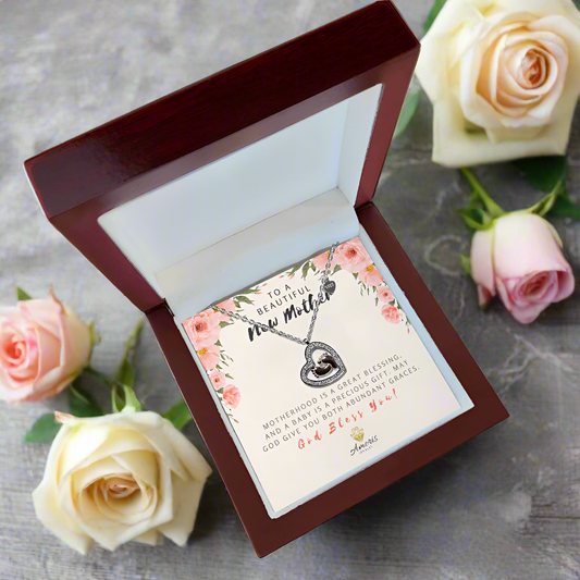 To a Beautiful New Mother Baby Feet Heart Necklace with Message Card