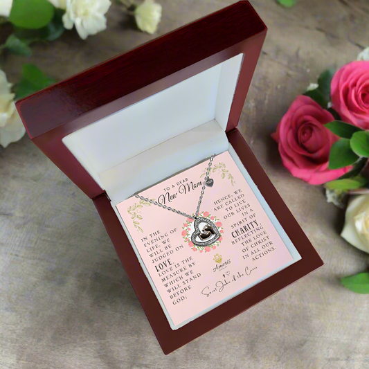 To a Dear New Mom Baby Feet Heart Necklace with Saint John of the Cross Quote