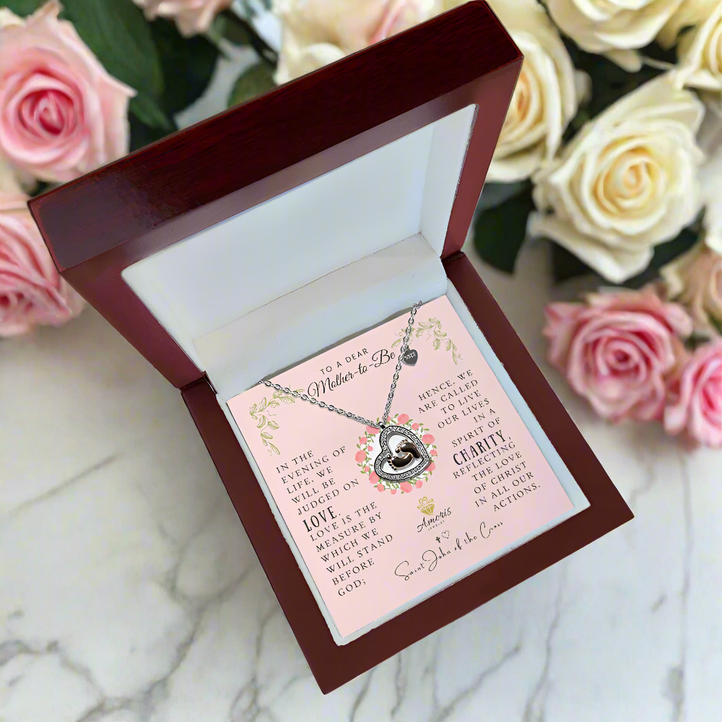 To a Dear Mother-to-Be Baby Feet Heart Necklace with Saint John of the Cross Quote