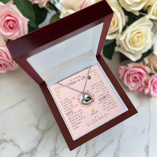 To a Dear Mother-to-Be Baby Feet Heart Necklace with Saint John of the Cross Quote