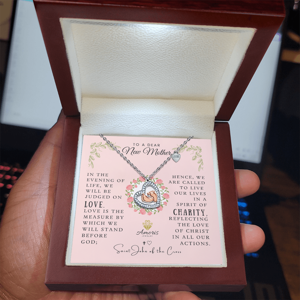 To a Dear New Mother Baby Feet Necklace with Saint John of the Cross Quote