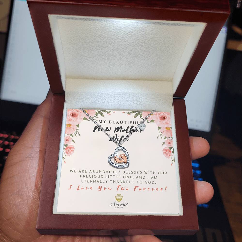 My Beautiful New Mother Wife Baby Feet Heart Necklace with Message Card