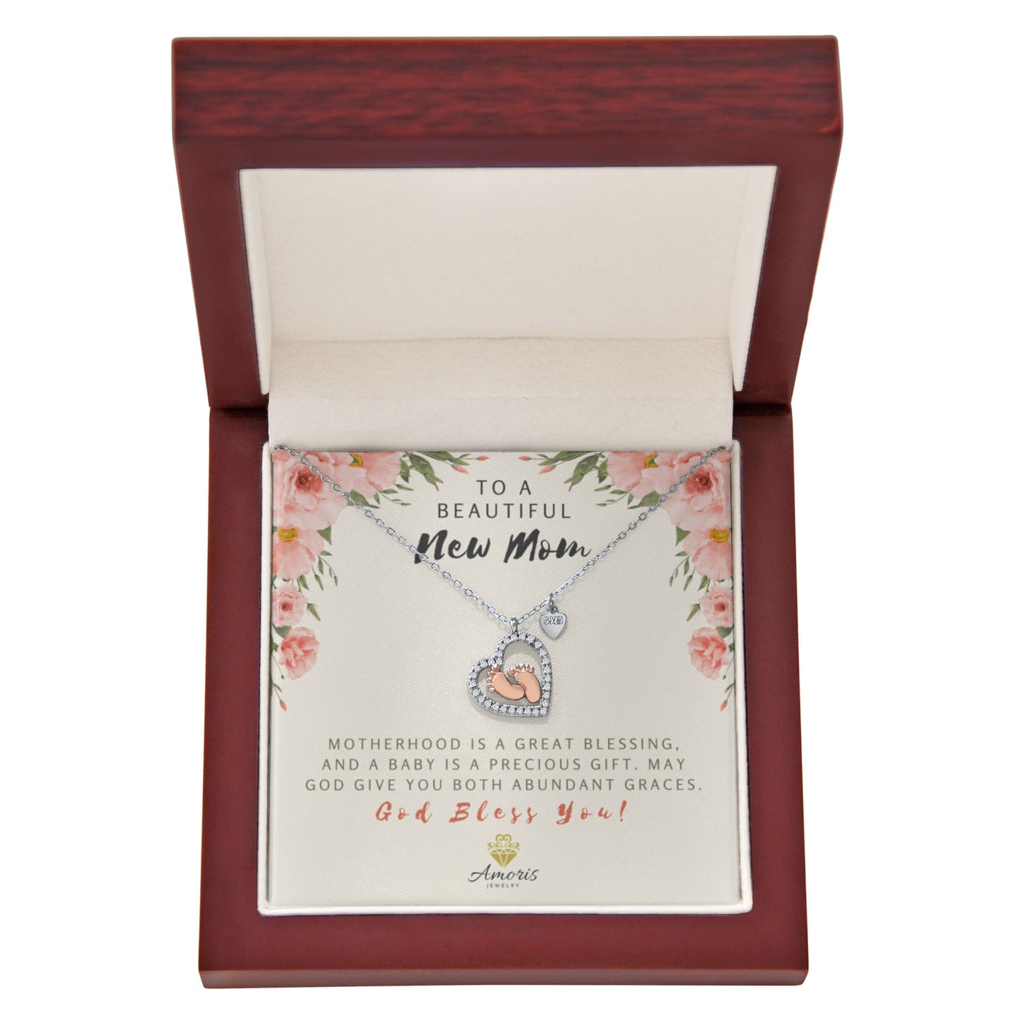 To a Beautiful New Mom Baby Feet Heart Necklace with Message Card