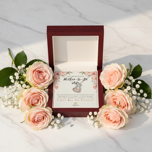 My Beautiful Mother-to-Be Wife Baby Feet Heart Necklace with Message Card