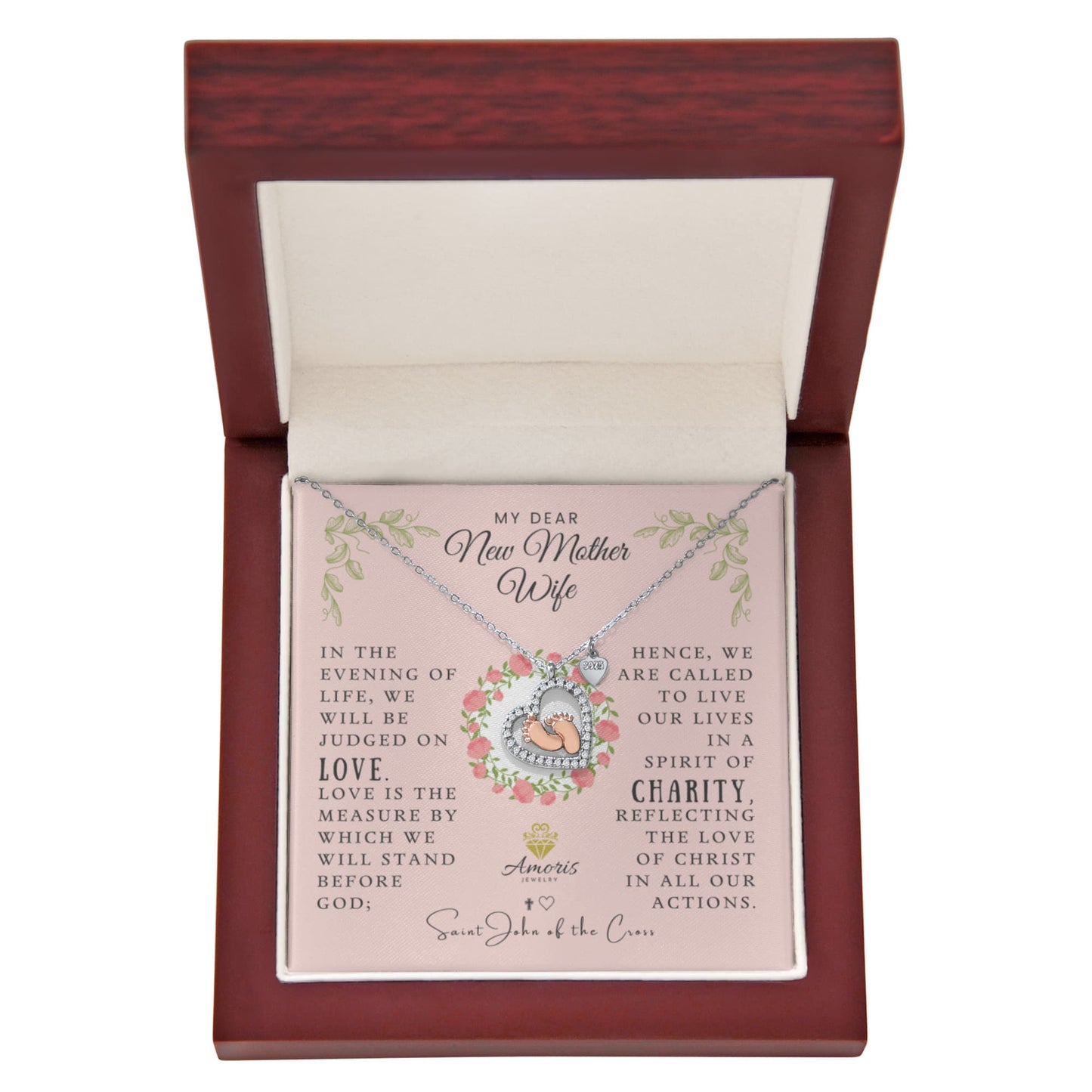 My Dear New Mother Wife Baby Feet Necklace with Saint John of the Cross Quote