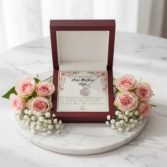 My Beautiful New Mother Wife Baby Feet Heart Necklace with Message Card