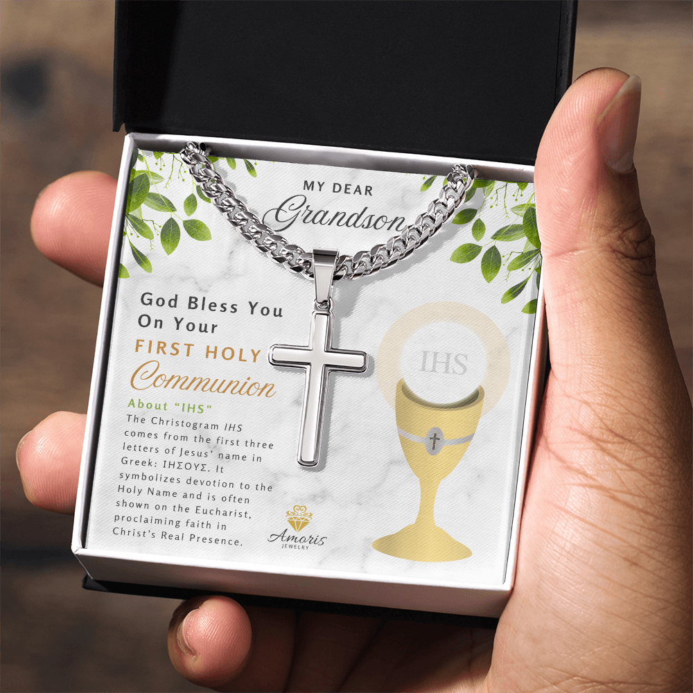 My Dear Grandson First Holy Communion Personalized Cross Necklace