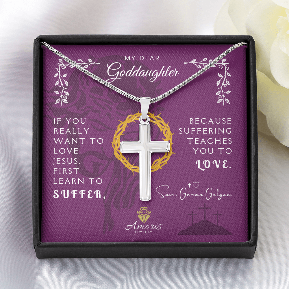 My Dear Goddaughter Personalized Cross Necklace with Saint Gemma Galgani Quote