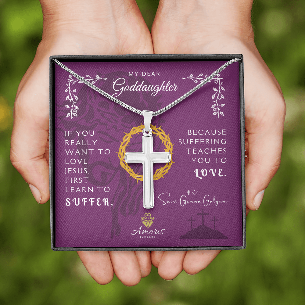 My Dear Goddaughter Personalized Cross Necklace with Saint Gemma Galgani Quote
