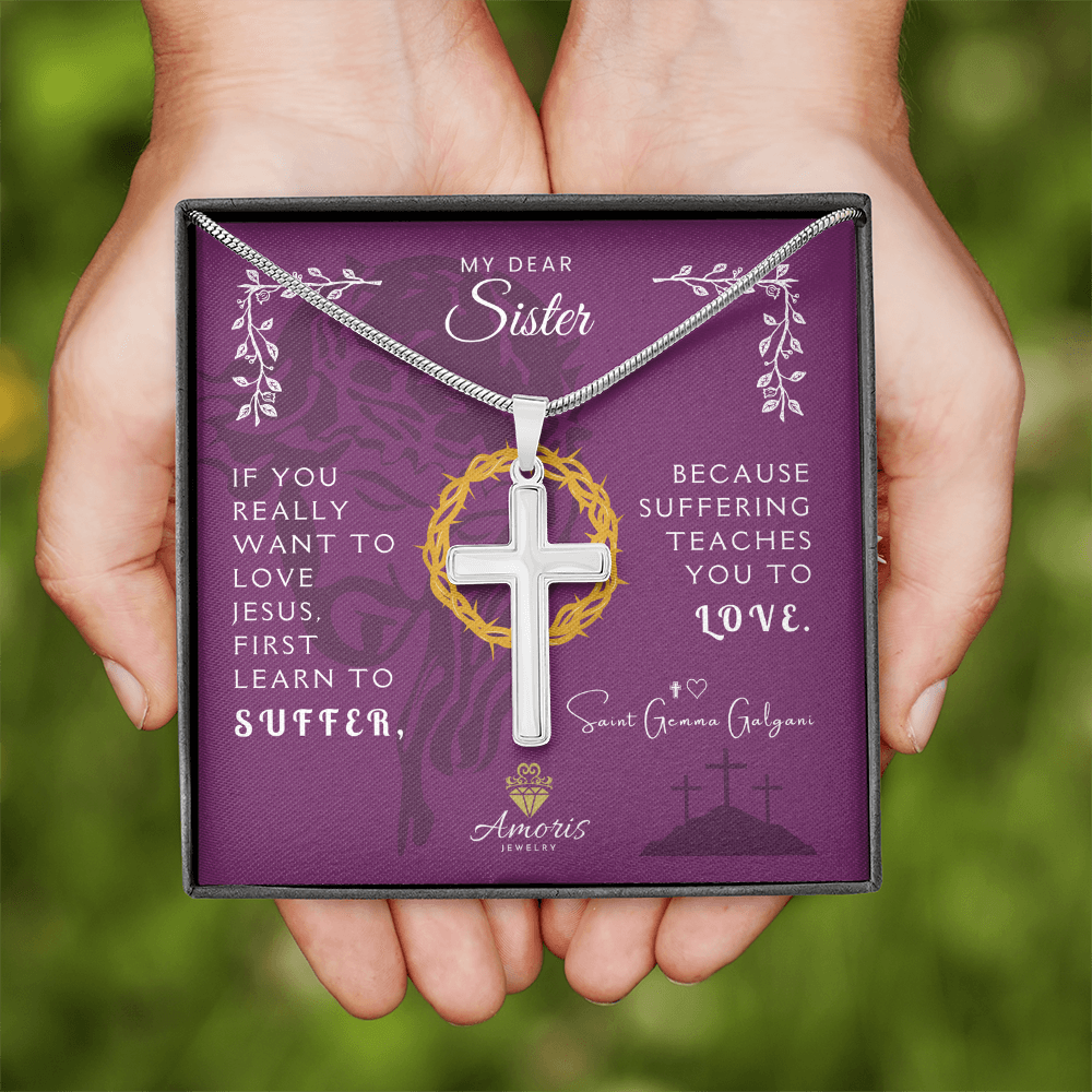 My Dear Sister Personalized Cross Necklace with Saint Gemma Galgani Quote