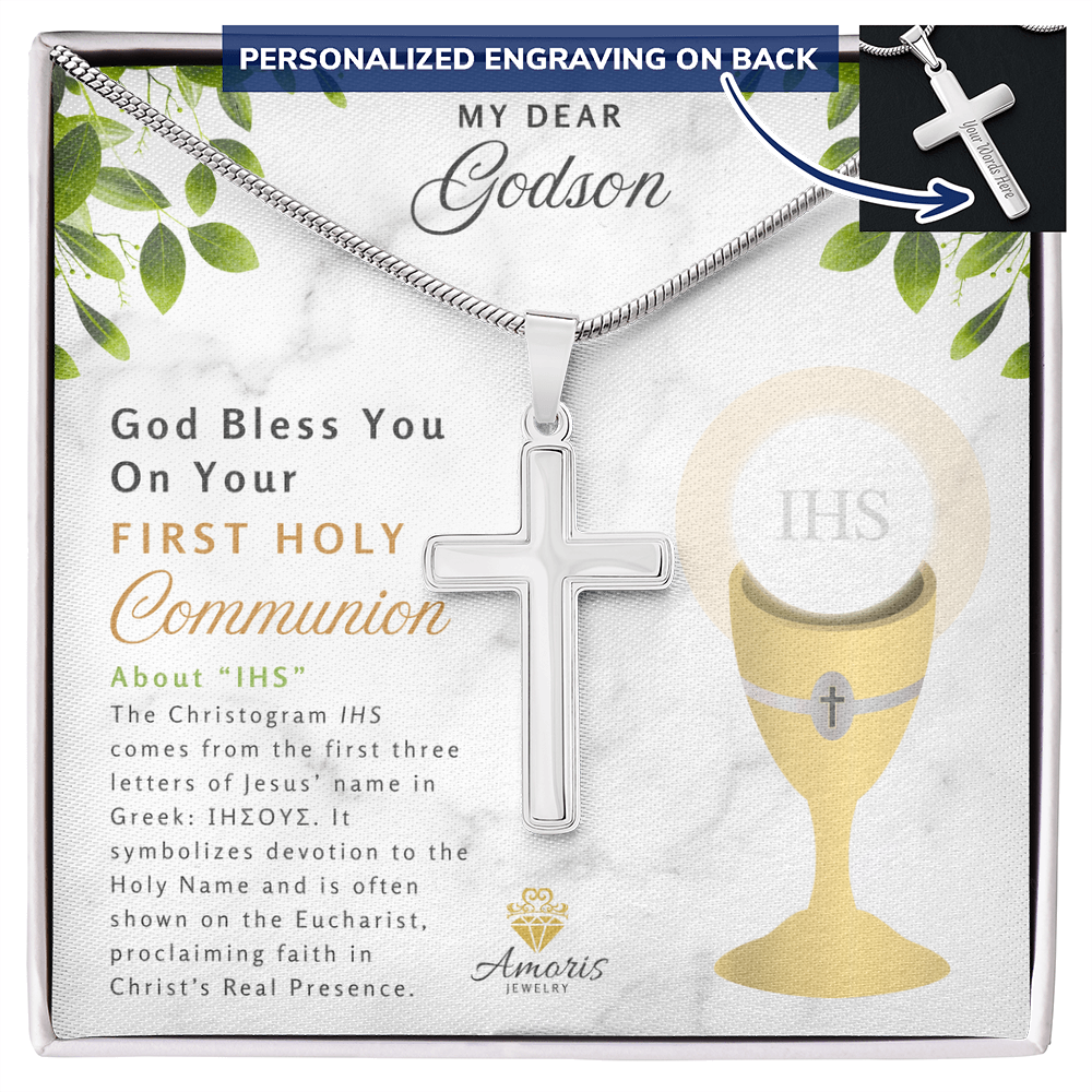 Godson First Holy Communion Personalized Cross Necklace