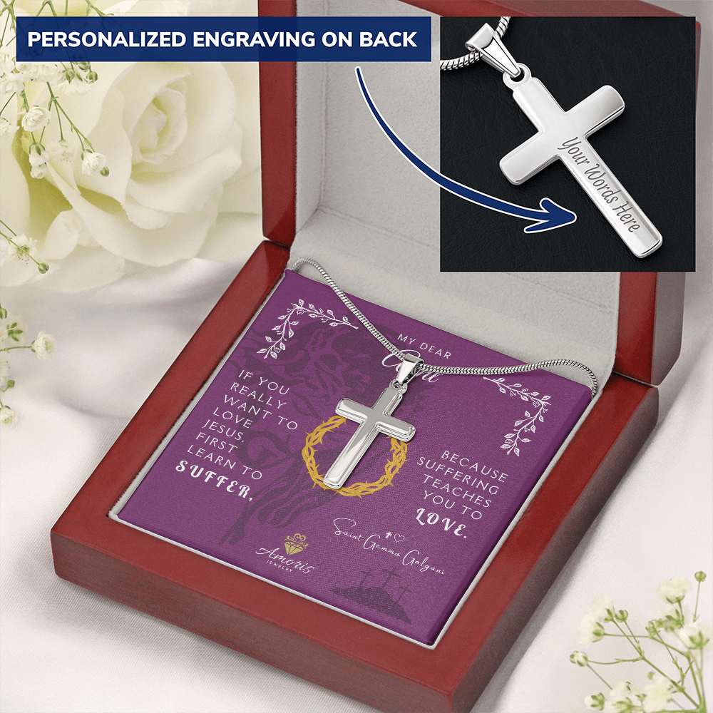 My Dear Aunt Personalized Cross Necklace with Saint Gemma Galgani Quote