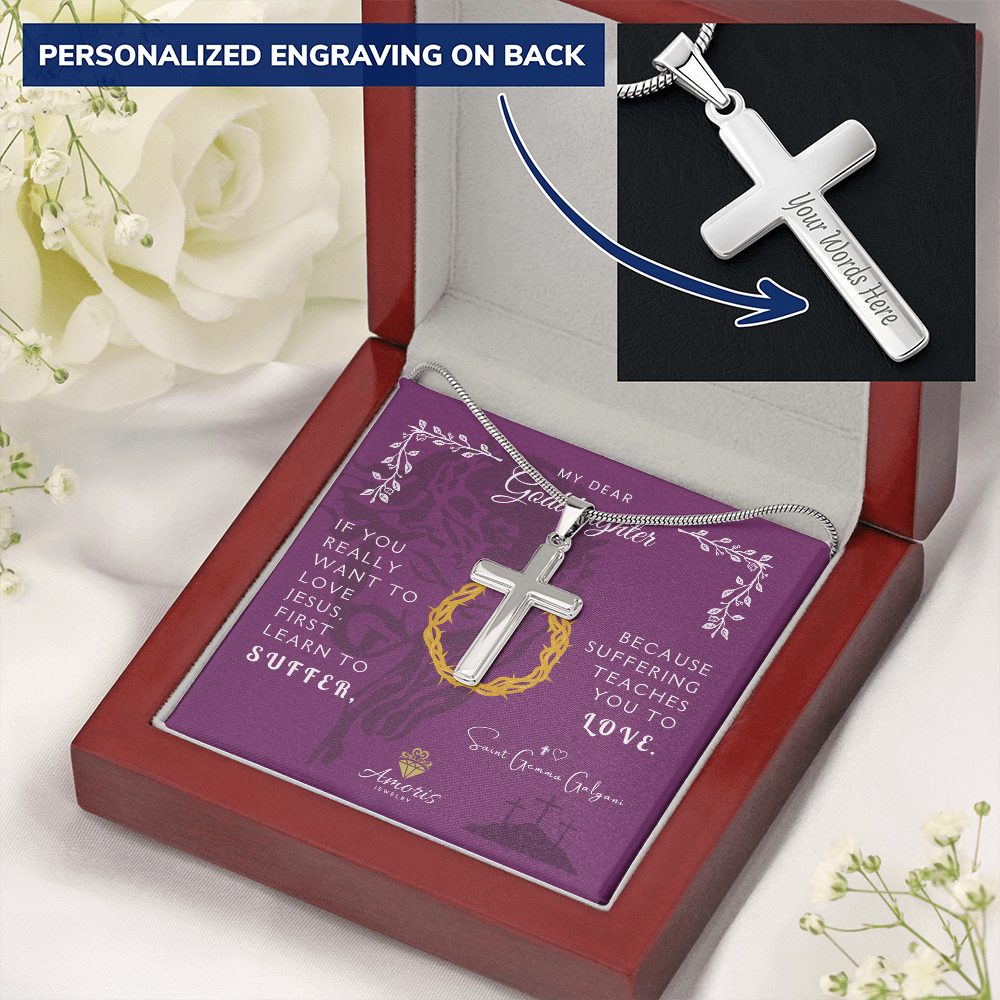 My Dear Goddaughter Personalized Cross Necklace with Saint Gemma Galgani Quote