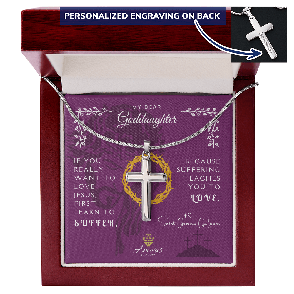 My Dear Goddaughter Personalized Cross Necklace with Saint Gemma Galgani Quote