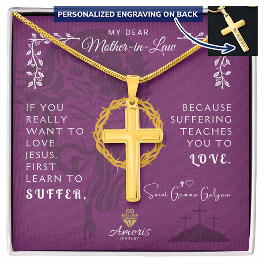 My Dear Mother-in-Law Personalized Cross Necklace with Saint Gemma Galgani Quote