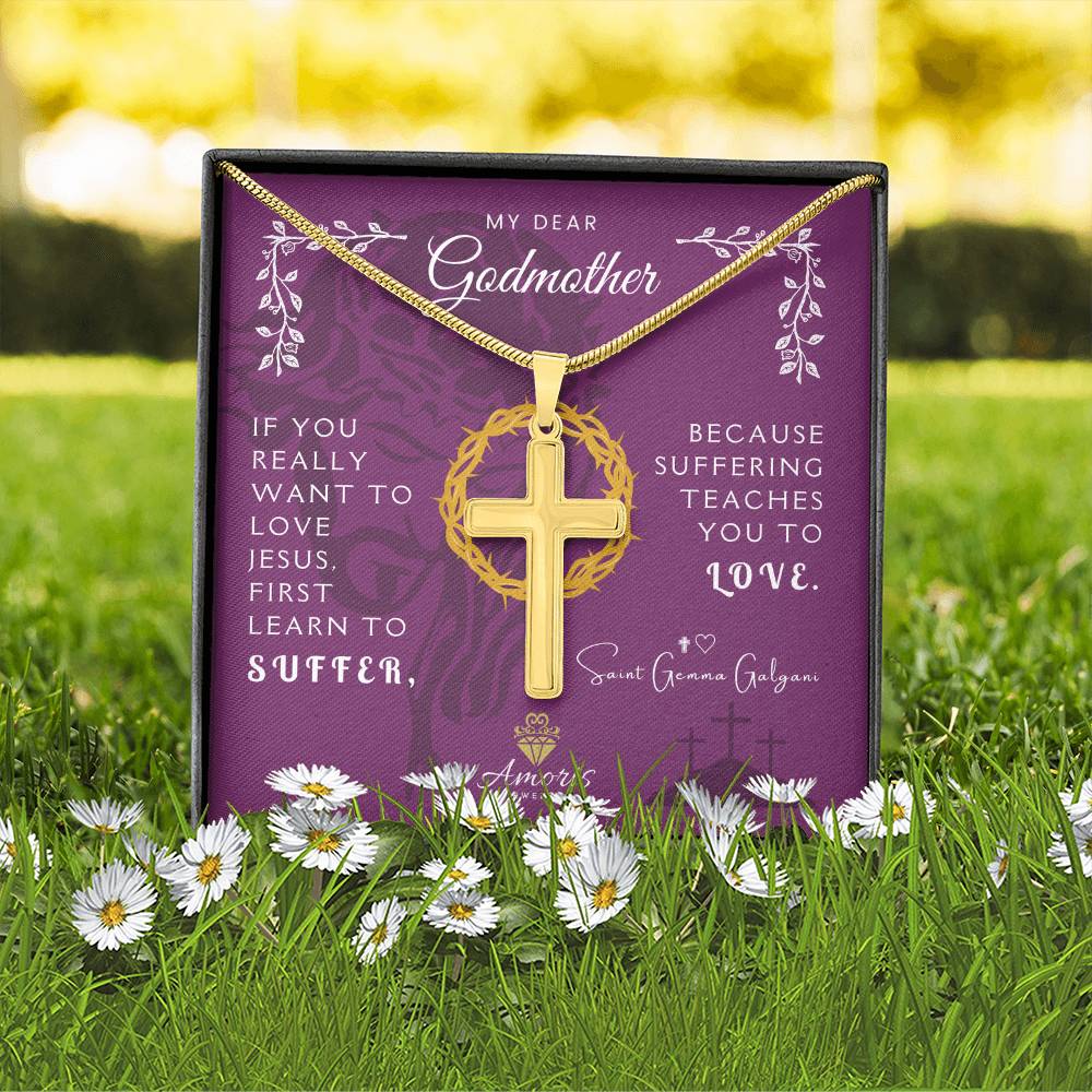 My Dear Godmother Personalized Cross Necklace with Saint Gemma Galgani Quote