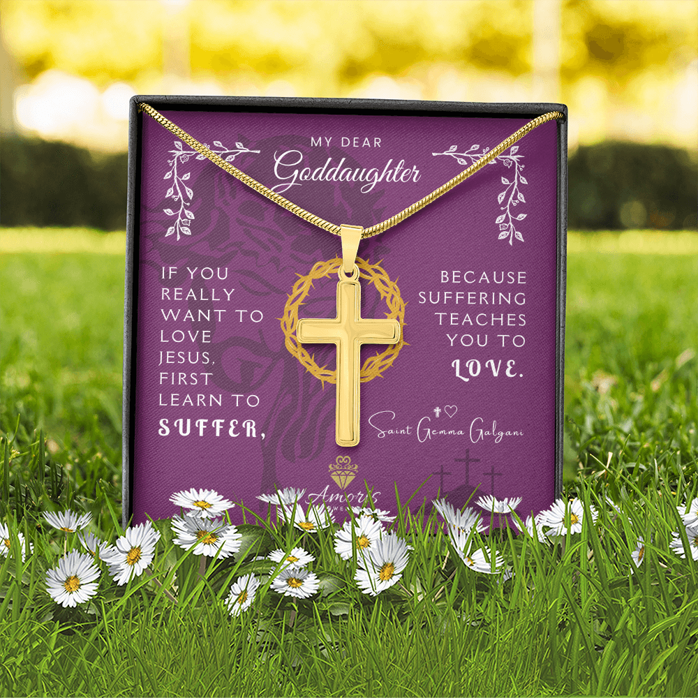 My Dear Goddaughter Personalized Cross Necklace with Saint Gemma Galgani Quote