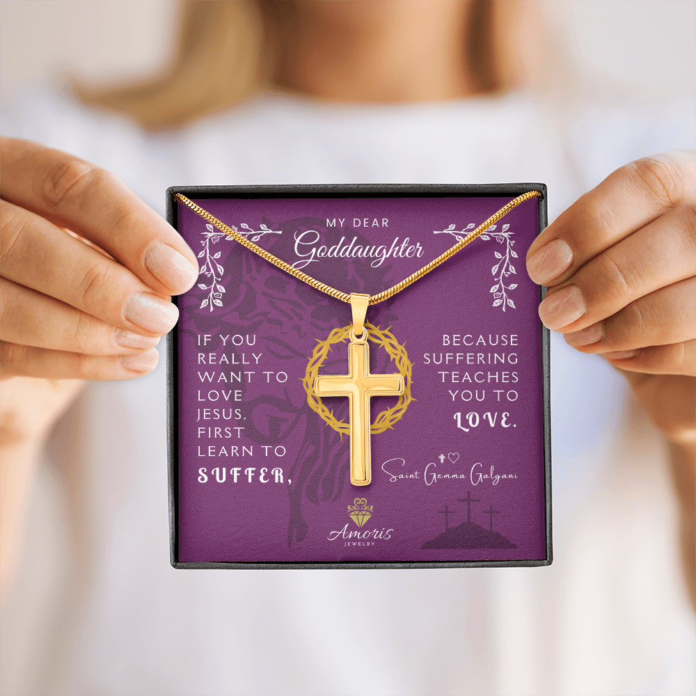 My Dear Goddaughter Personalized Cross Necklace with Saint Gemma Galgani Quote