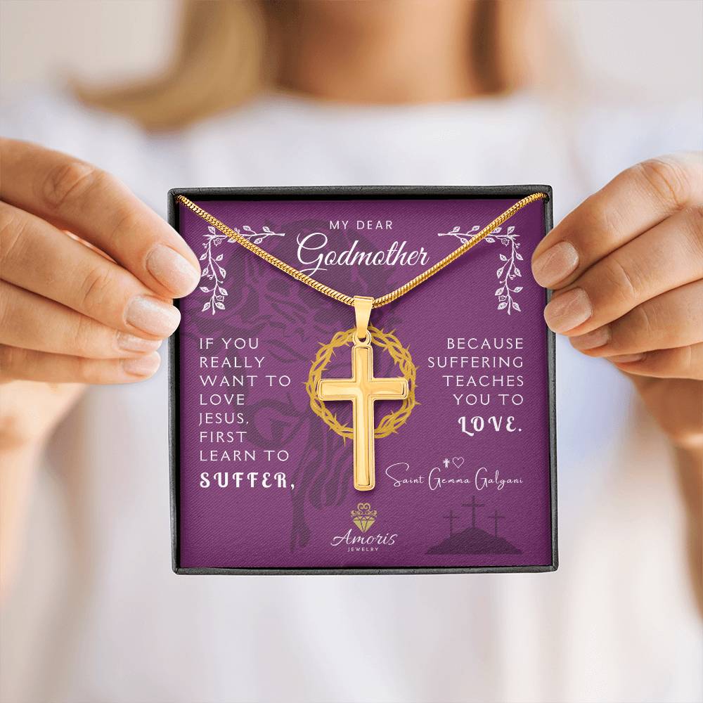 My Dear Godmother Personalized Cross Necklace with Saint Gemma Galgani Quote